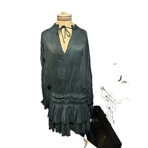 Current Air Tiered Mini Dress Long Sleeves Teal Blue Pleated Medium